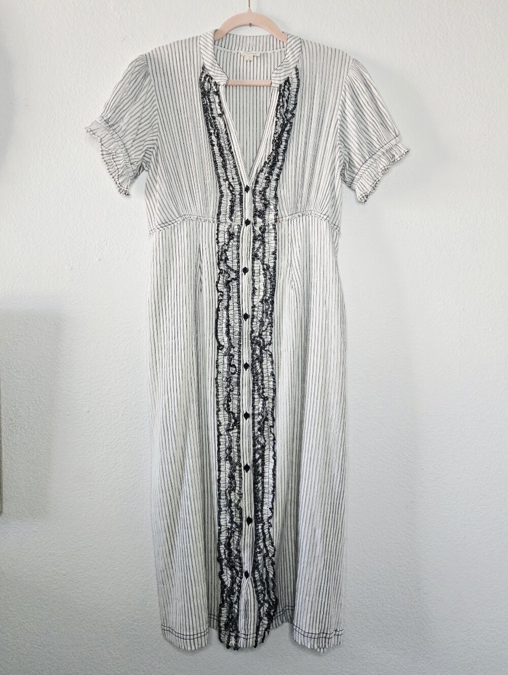Anthro PILCRO Pin Stripe Ruffled Button Down Midi Shirt Dress Pockets Medium